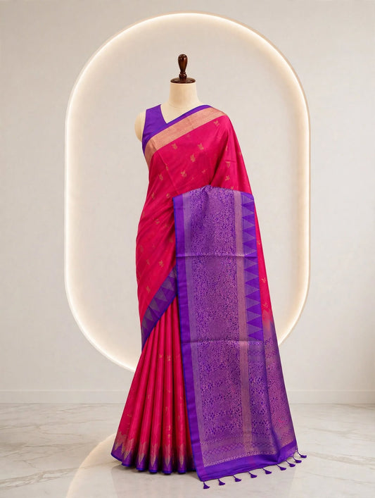Pink & Violet Silver Gold Woven Soft Silk Saree