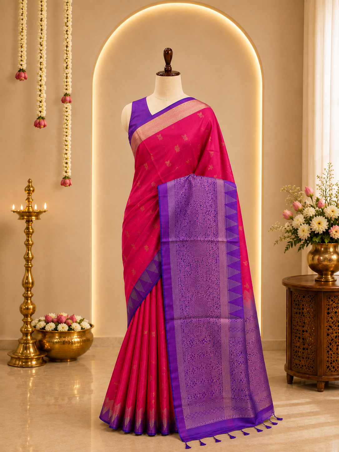 Pink & Violet Silver Gold Woven Soft Silk Saree