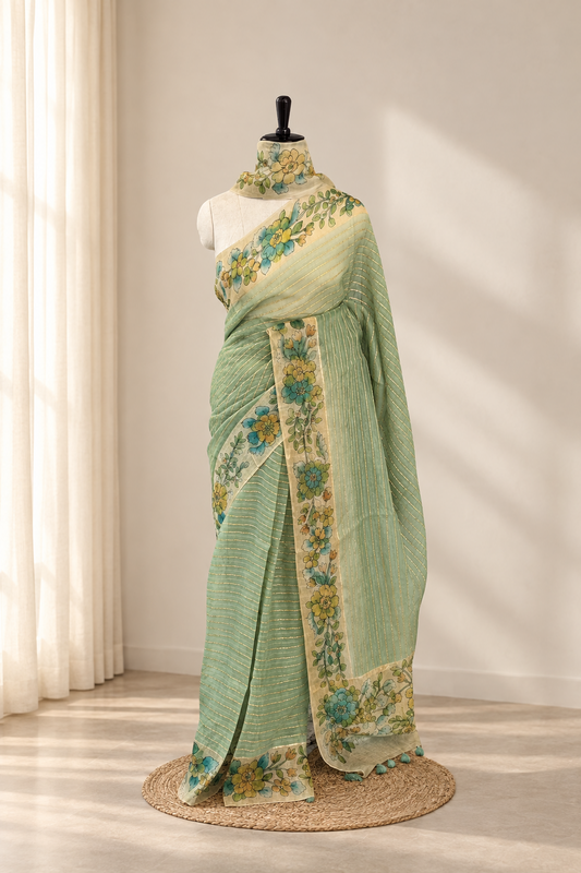 Pure Organza Printed Silk Pista Green Saree