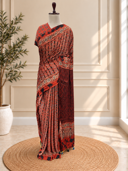Pure Modal Ajrak Brick Red Saree