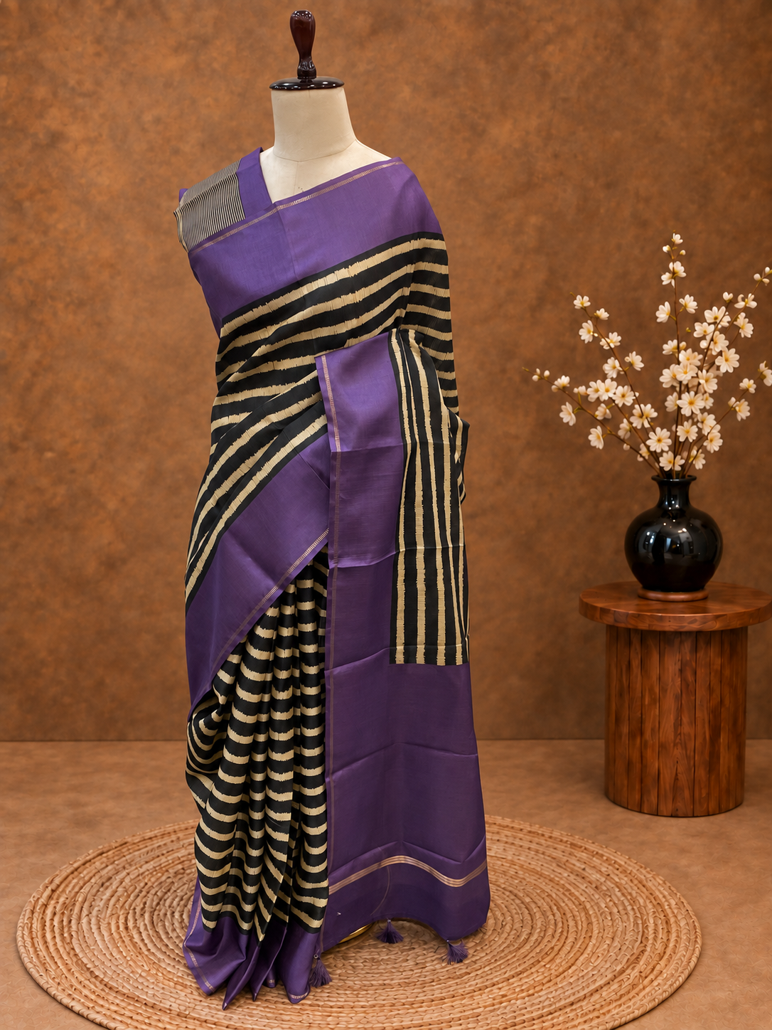 Blended Tussar Horizontal Line Saree