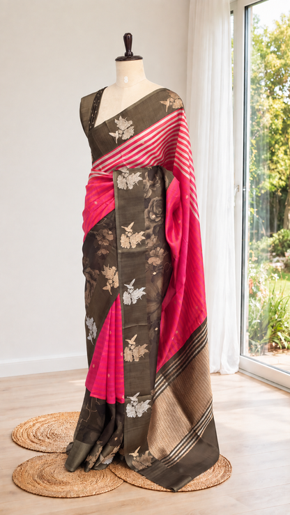 Pure Raw Mango Silk Pichwai Pink Saree