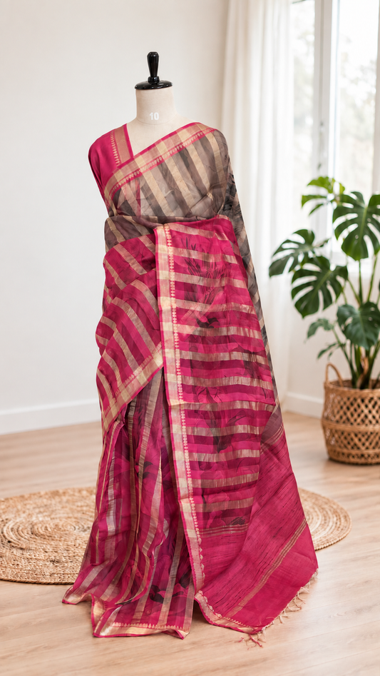 Pure Organza Silk Stripe Ash Pink Saree