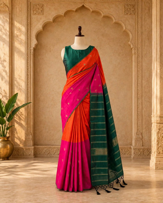 Orange Pink Half & Half Kanjivaram Pure Silk Saree