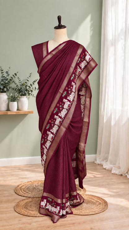 Blended Viscose Checks Pichwai Saree