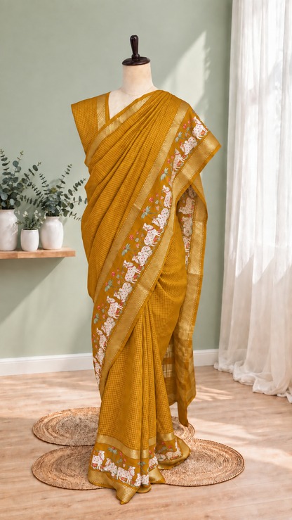 Blended Viscose Checks Pichwai Saree