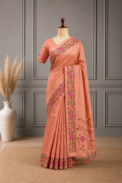 Blended Tussar Line Cross Stitch Saree