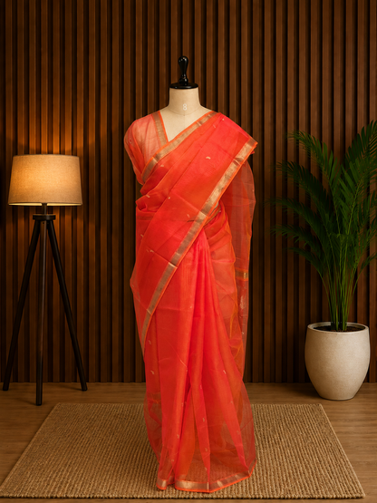 Pure Chanderi Silk Orange Saree