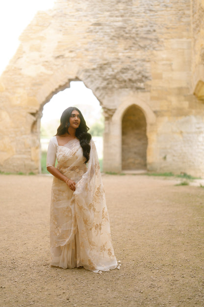 Vithya's Ivory Organza Embroidered Saree