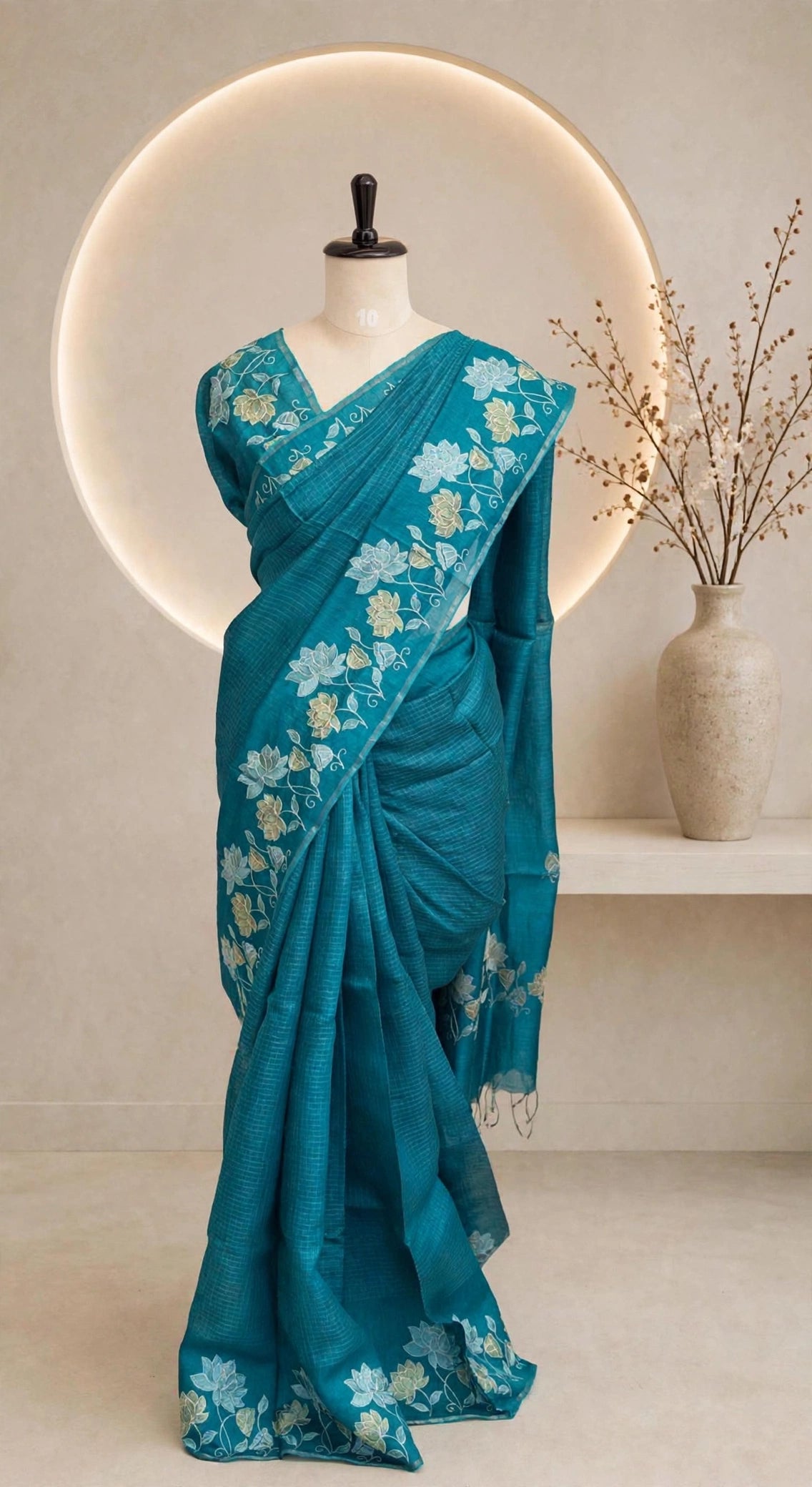 Pure Silk Organza Floral Teal Blue Saree