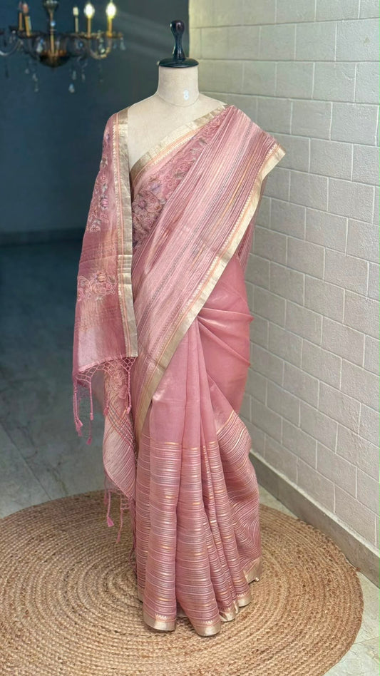 Pure Organza Embroidered Pink Saree