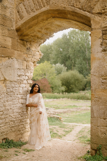 Vithya's Ivory Organza Embroidered Saree