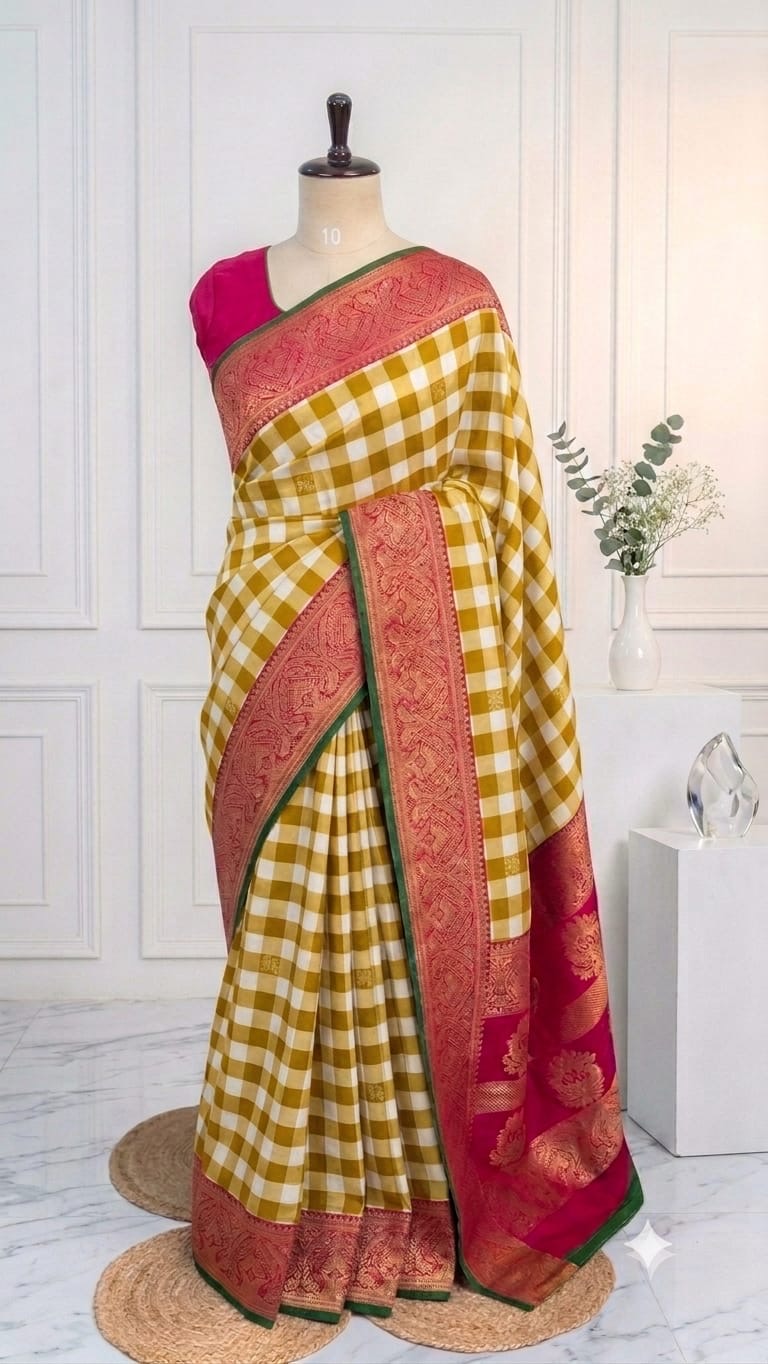 Blended Viscose Pattu Checkered Saree
