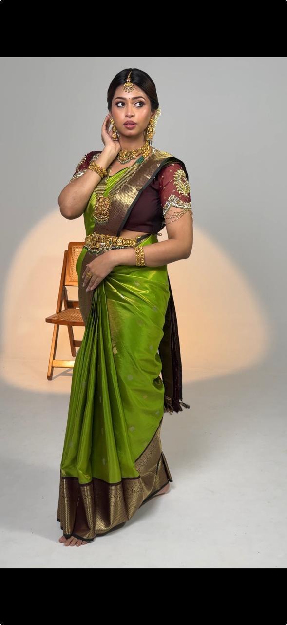 Pure Tissue Kanjivaram Green Brown Silk Saree