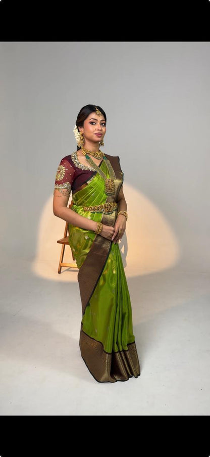 Pure Tissue Kanjivaram Green Brown Silk Saree