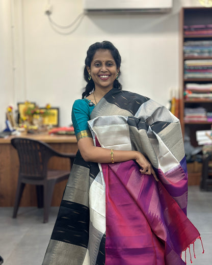 Black n White Gold Woven Pure Soft Silk Saree