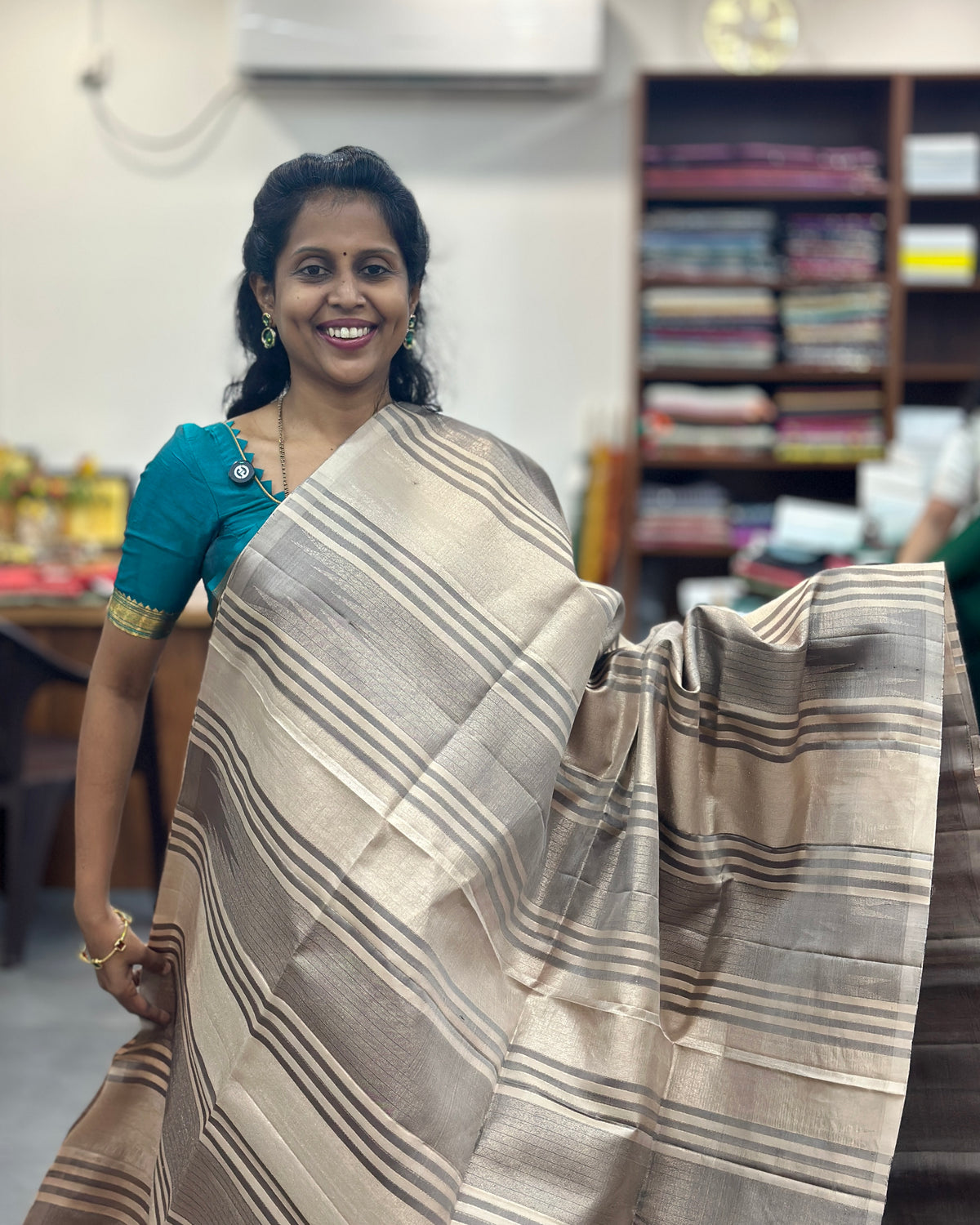 Cream Gold Stripe Pure Soft Silk Saree
