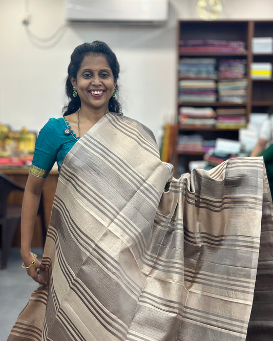 Cream Gold Stripe Pure Soft Silk Saree
