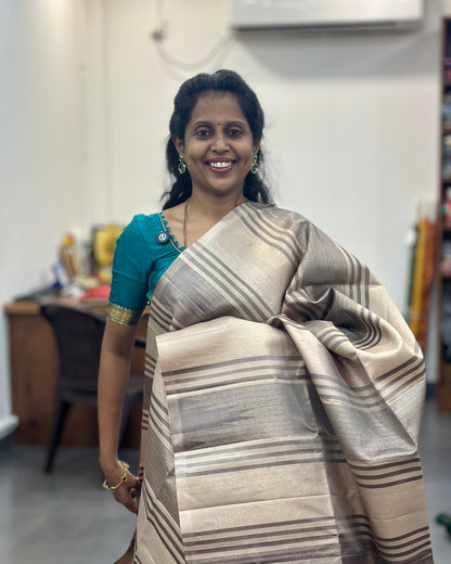 Cream Gold Stripe Pure Soft Silk Saree