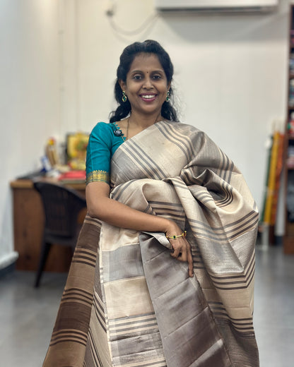Cream Gold Stripe Pure Soft Silk Saree