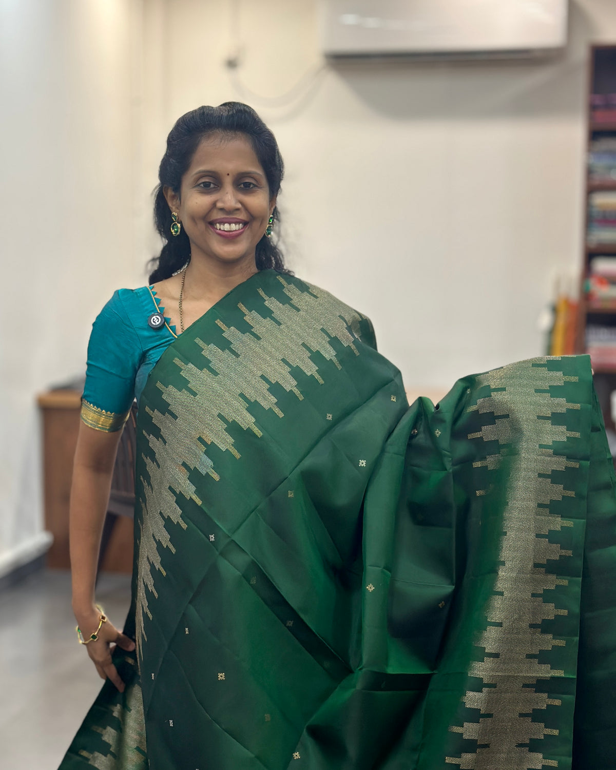Bottle Green Gold Woven Pure Soft Silk Saree