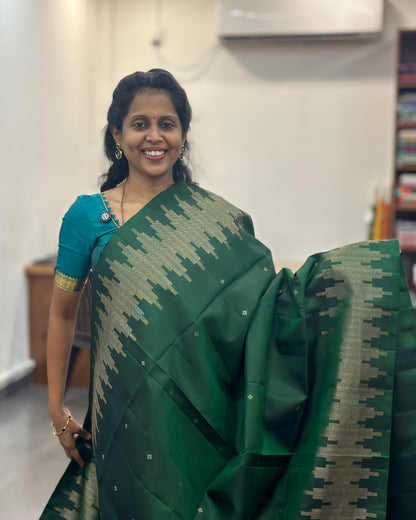Bottle Green Gold Woven Pure Soft Silk Saree