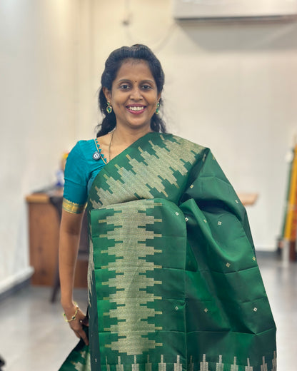Bottle Green Gold Woven Pure Soft Silk Saree