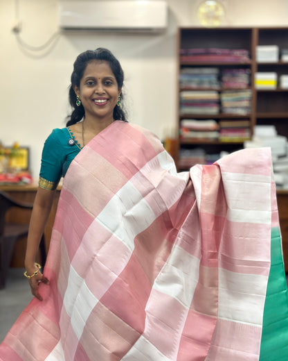 Baby Pink & Green Gold Pure Soft Silk Saree