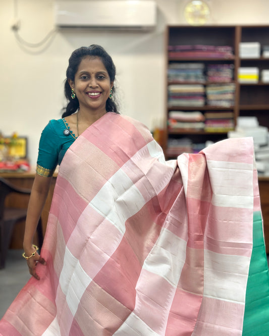 Baby Pink & Green Gold Pure Soft Silk Saree