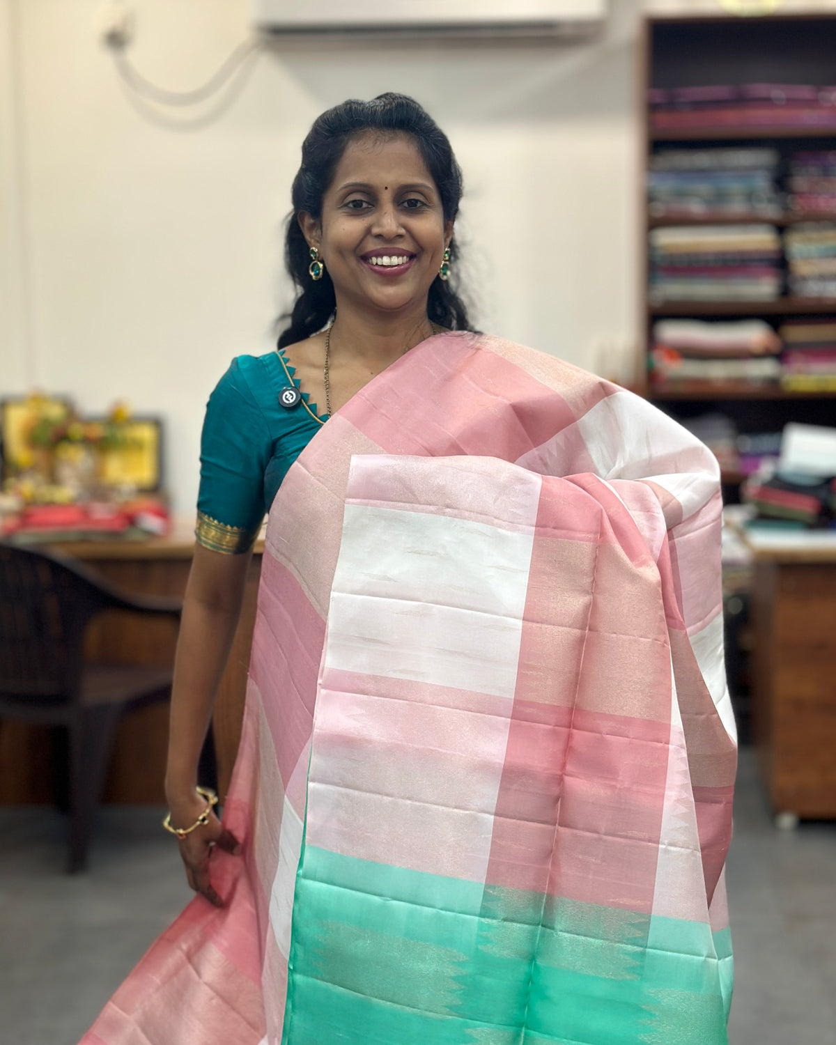 Baby Pink & Green Gold Pure Soft Silk Saree
