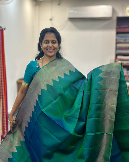 Rama Green Gold Woven Pure Soft Silk Saree