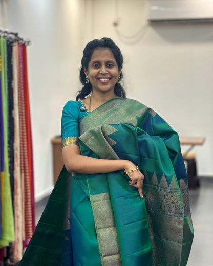 Rama Green Gold Woven Pure Soft Silk Saree
