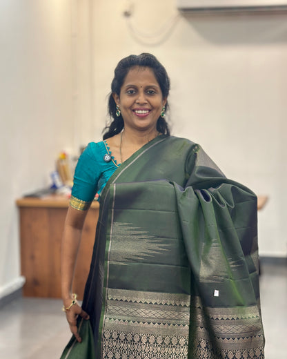 Hunter Green Gold Woven Pure Soft Silk Saree