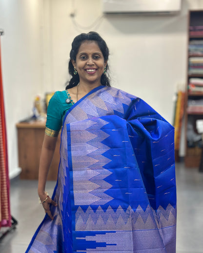 Electric Blue Gold Woven Pure Soft Silk Saree