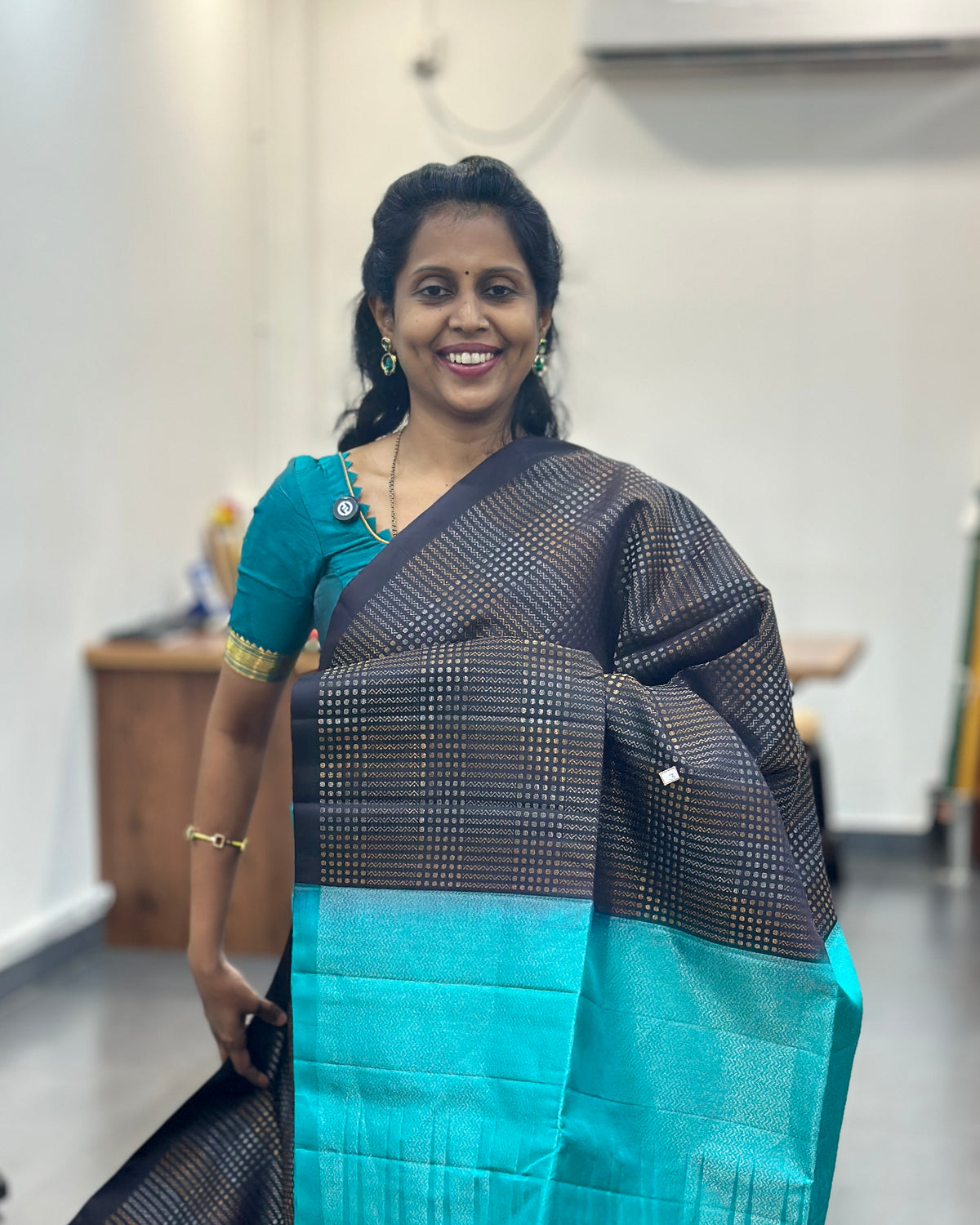 Black n Blue Gold Woven Pure Soft Silk Saree