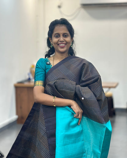 Black n Blue Gold Woven Pure Soft Silk Saree