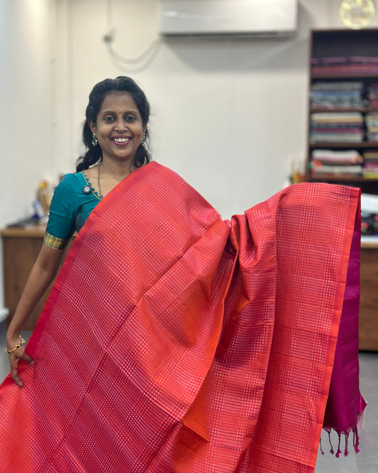 Orange & Pink Gold Woven Pure Soft Silk Saree