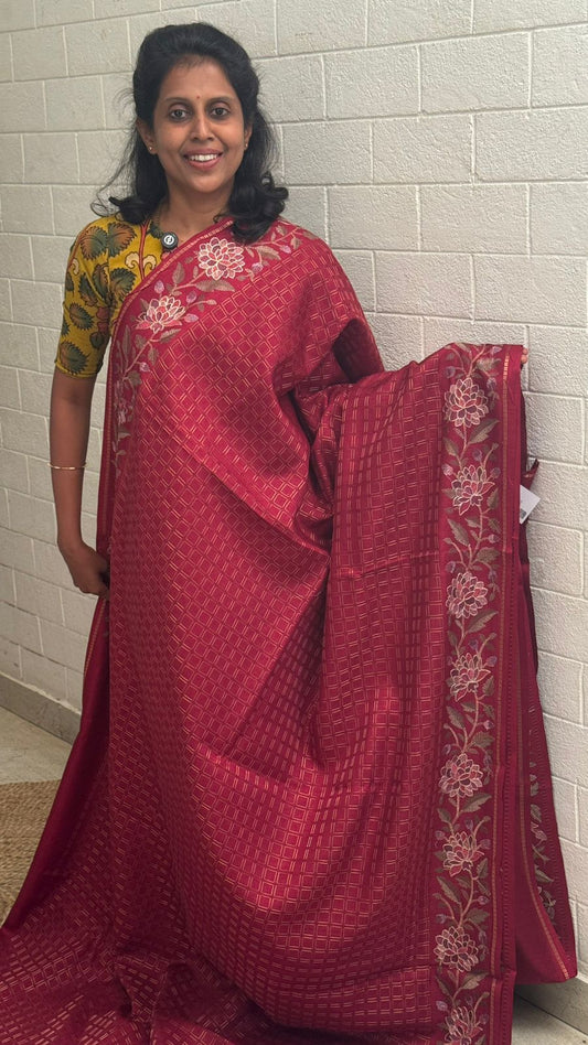 Blended Tussar Floral Embroidered Saree