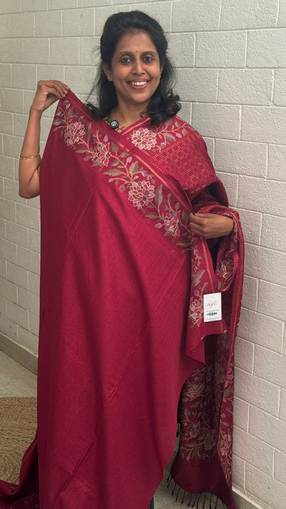 Blended Tussar Floral Embroidered Saree