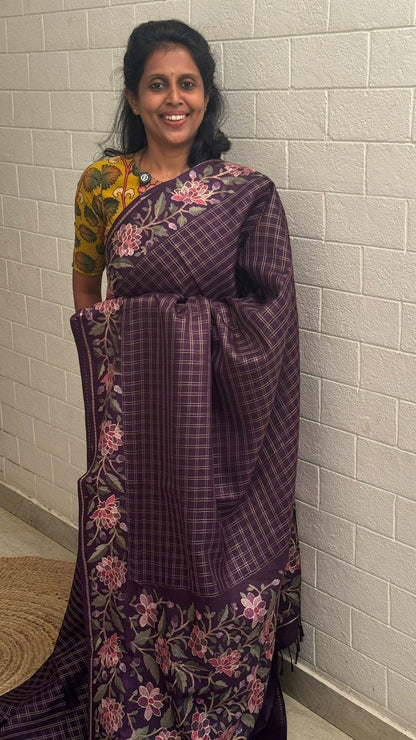 Blended Tussar Floral Embroidered Saree