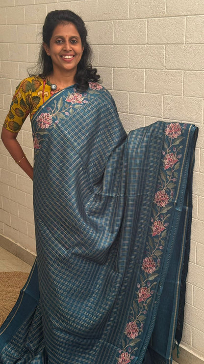 Blended Tussar Floral Embroidered Saree