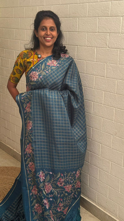 Blended Tussar Floral Embroidered Saree