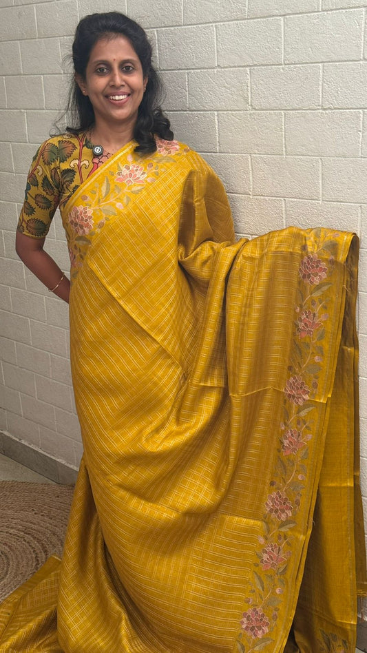 Blended Tussar Floral Embroidered Saree