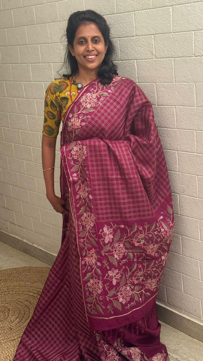 Blended Tussar Floral Embroidered Saree