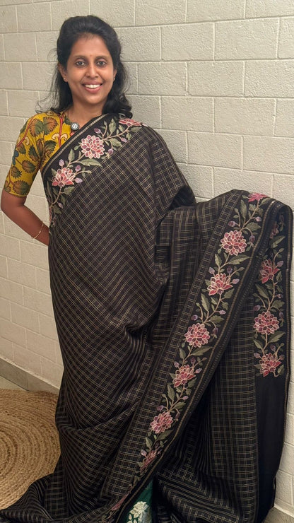 Blended Tussar Floral Embroidered Saree