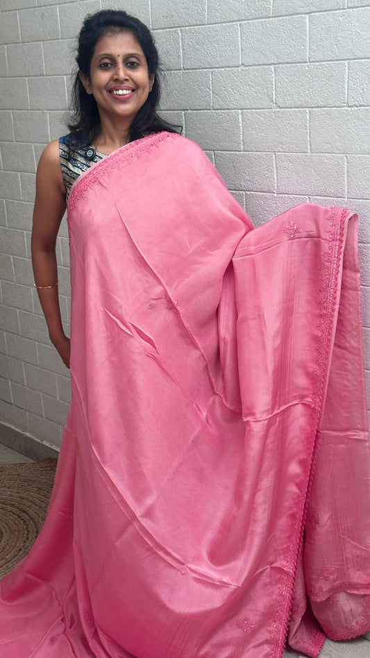 Blended Satin Embroidered Border Saree