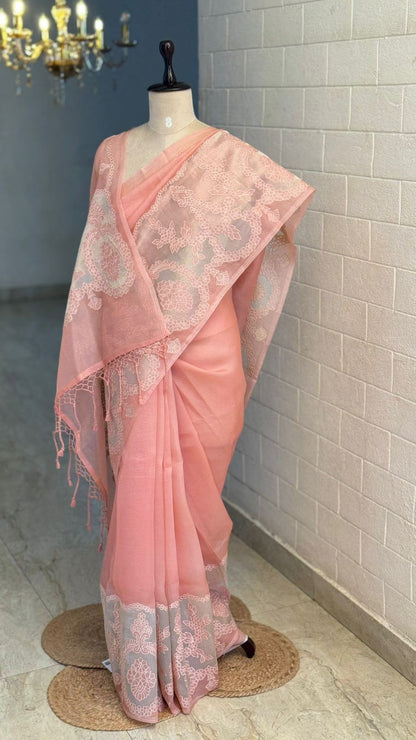 Pure Organza Silk Peach Saree