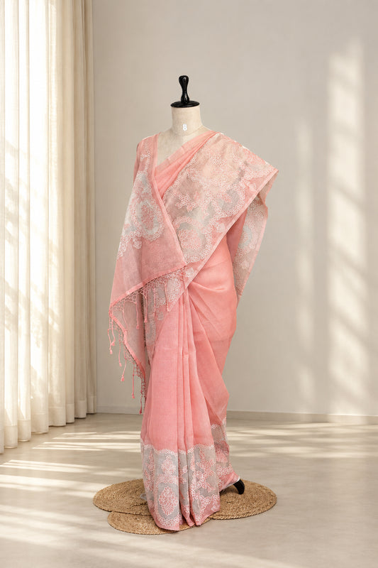 Pure Organza Tissue Silk Peach Saree