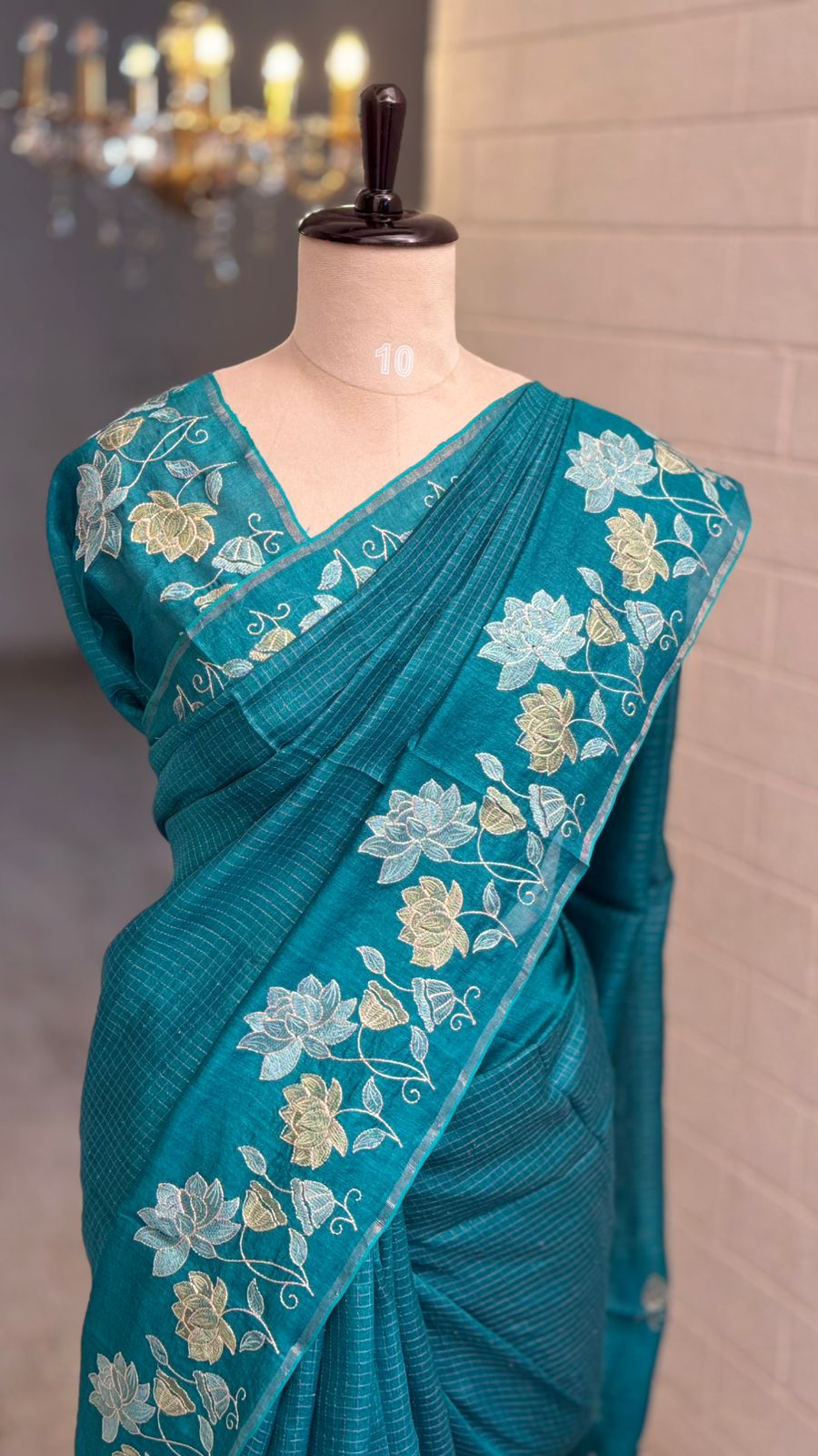 Pure Silk Organza Floral Teal Blue Saree