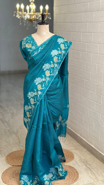 Pure Silk Organza Floral Teal Blue Saree